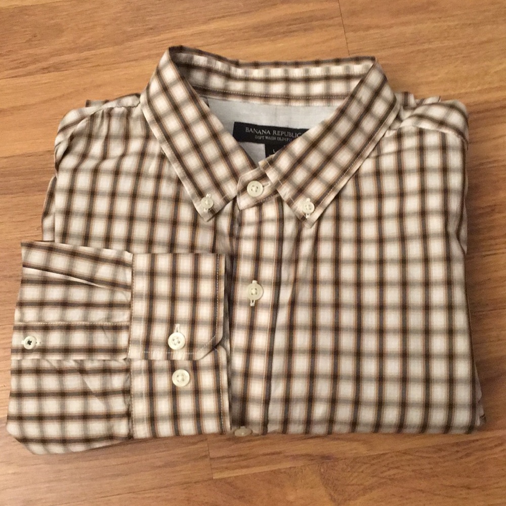 Banana Republic Slim Fit 100% Cotton Button-Down Brown, White Plaid Shirt-Large